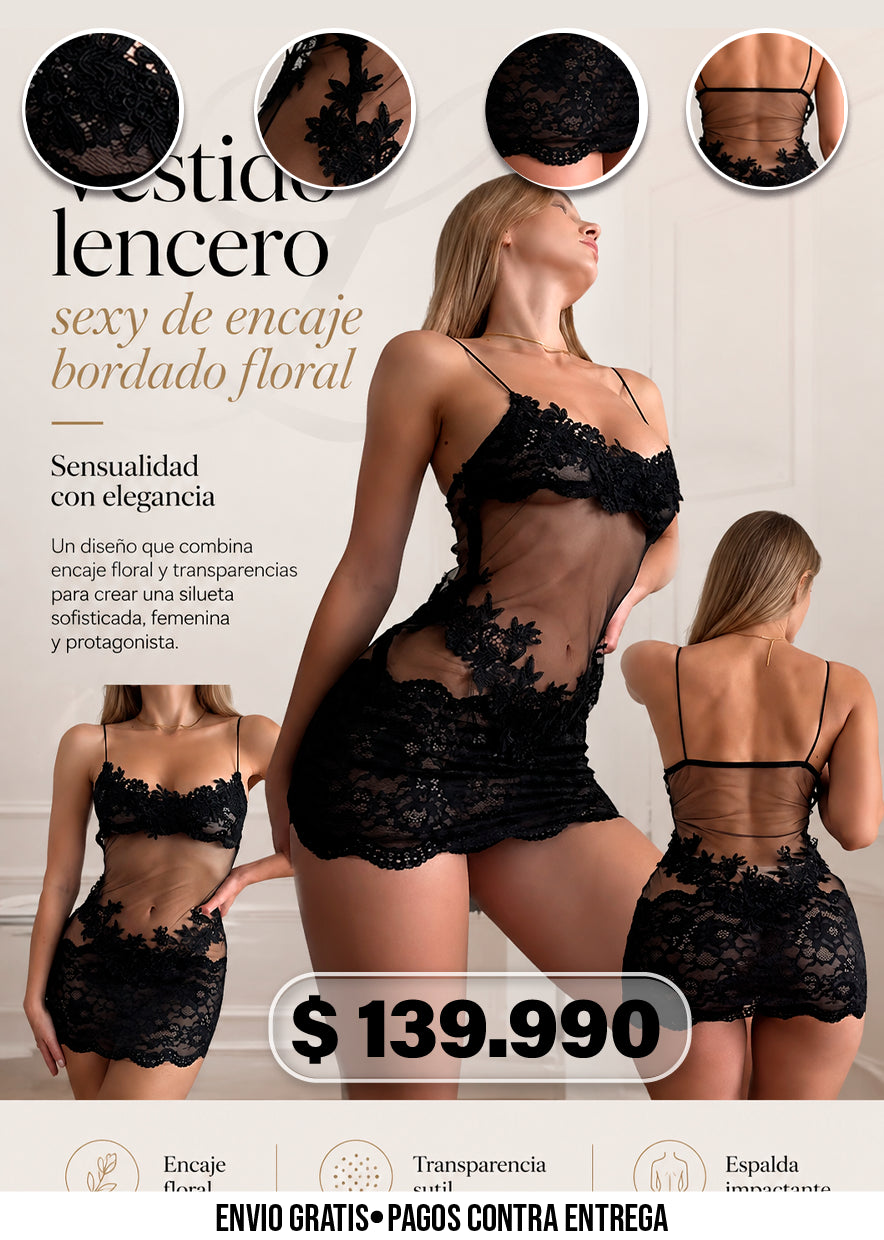 VESTIDO LENCERO SEXY DE ENCAJE BORDADO FLORAL